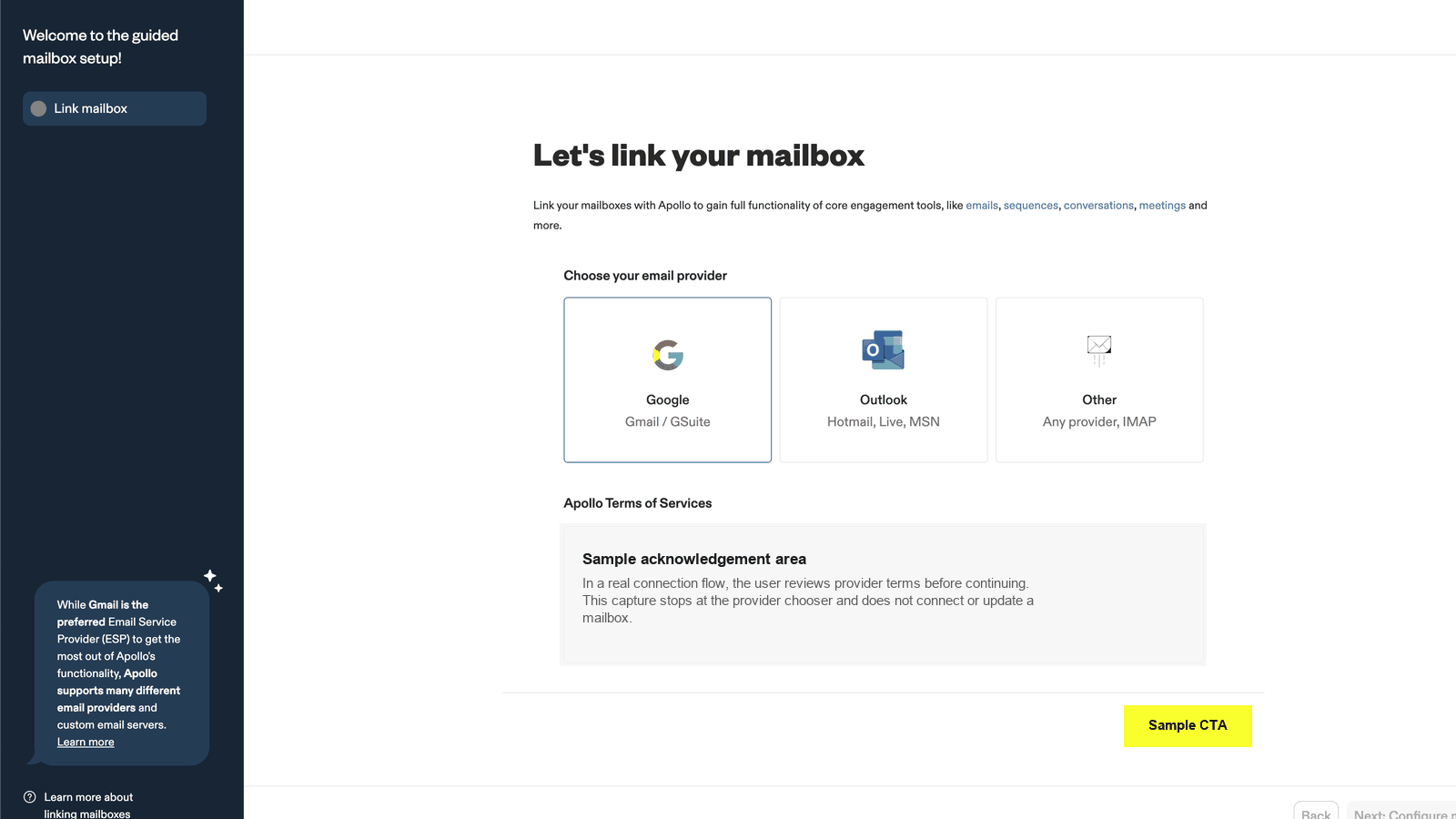 Apollo add mailbox provider chooser showing Google, Outlook, and other provider options