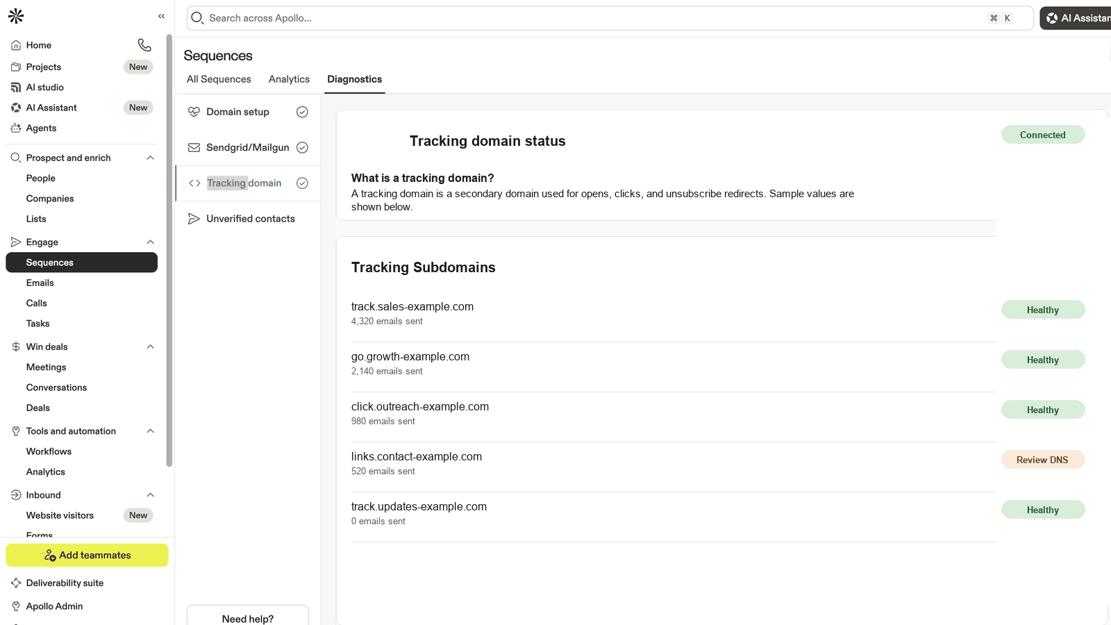 Apollo tracking domain diagnostics screen showing sample tracking subdomain status