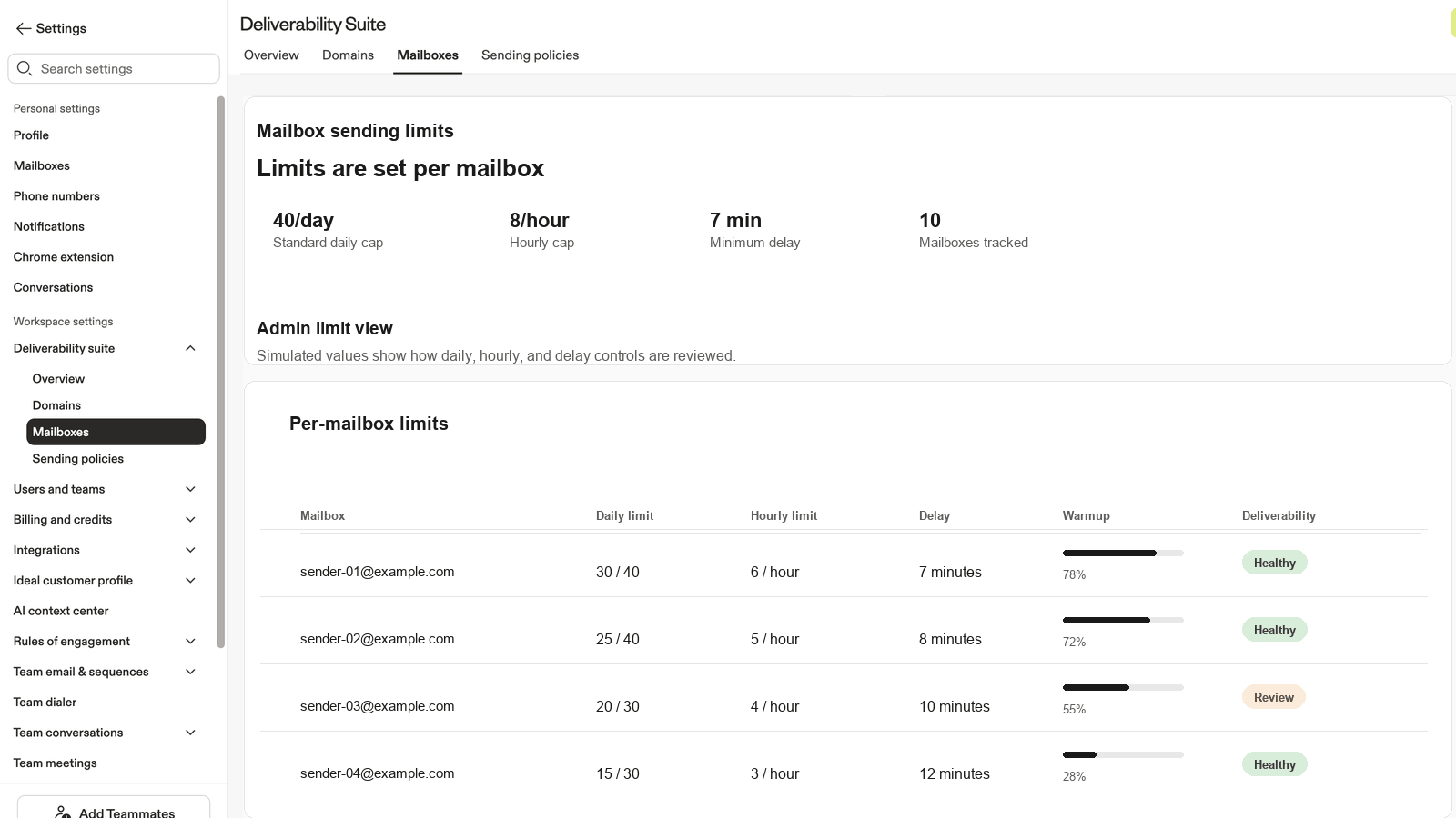 Apollo mailbox sending limits screen showing sample daily, hourly, and delay controls
